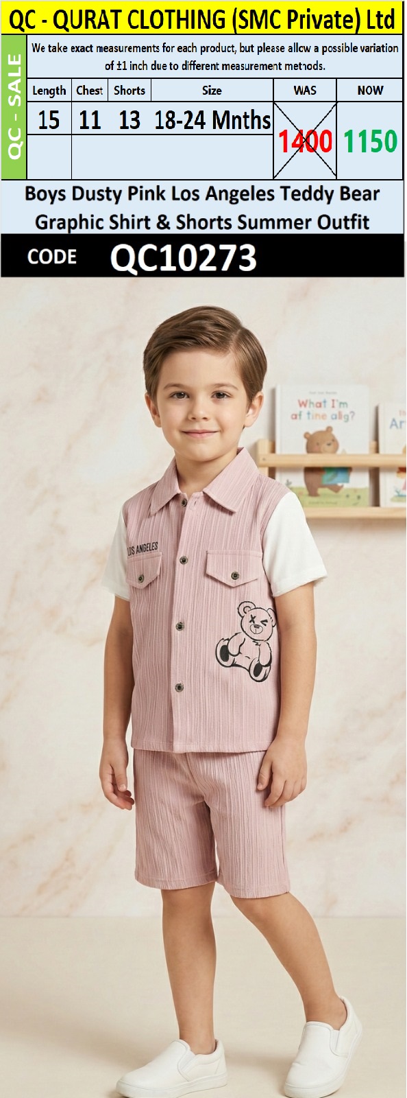 Boys Dusty Pink Los Angeles Teddy Bear Graphic Shirt & Shorts Summer Outfit – QC10273 - QC10273