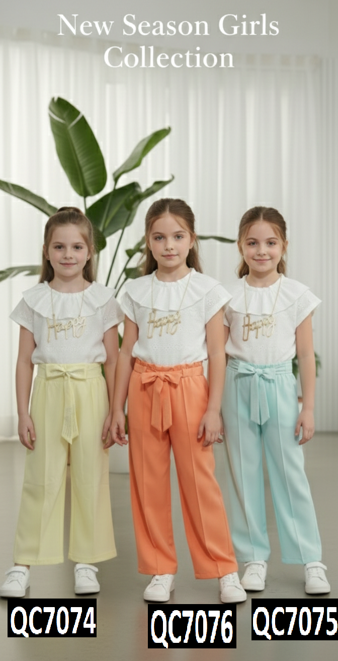 Girls White Cotton Eyelet “Happy” Ruffle Neck Lemon Yellow Bow Belt Jumpsuit QC7074 - QC7074