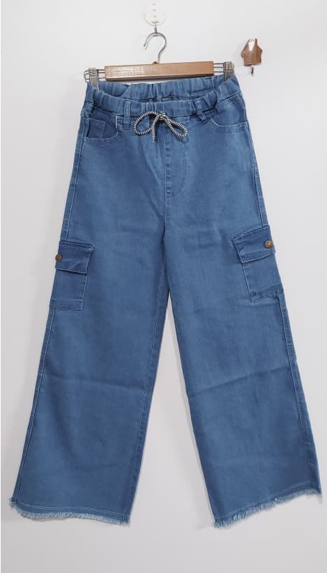 Light Blue Stretchable Denim Wide Leg Cargo Trouser Pant for Women QC7022 - QC7022
