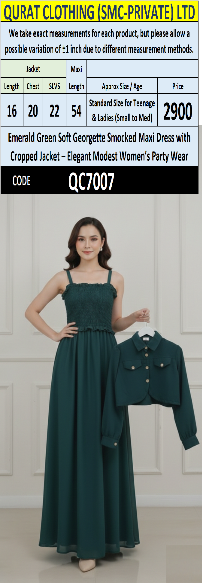 Emerald Green Soft Georgette Smocked Maxi Dress with Cropped Jacket – Elegant Modest Women’s Party Wear – QC7007 - QC7007