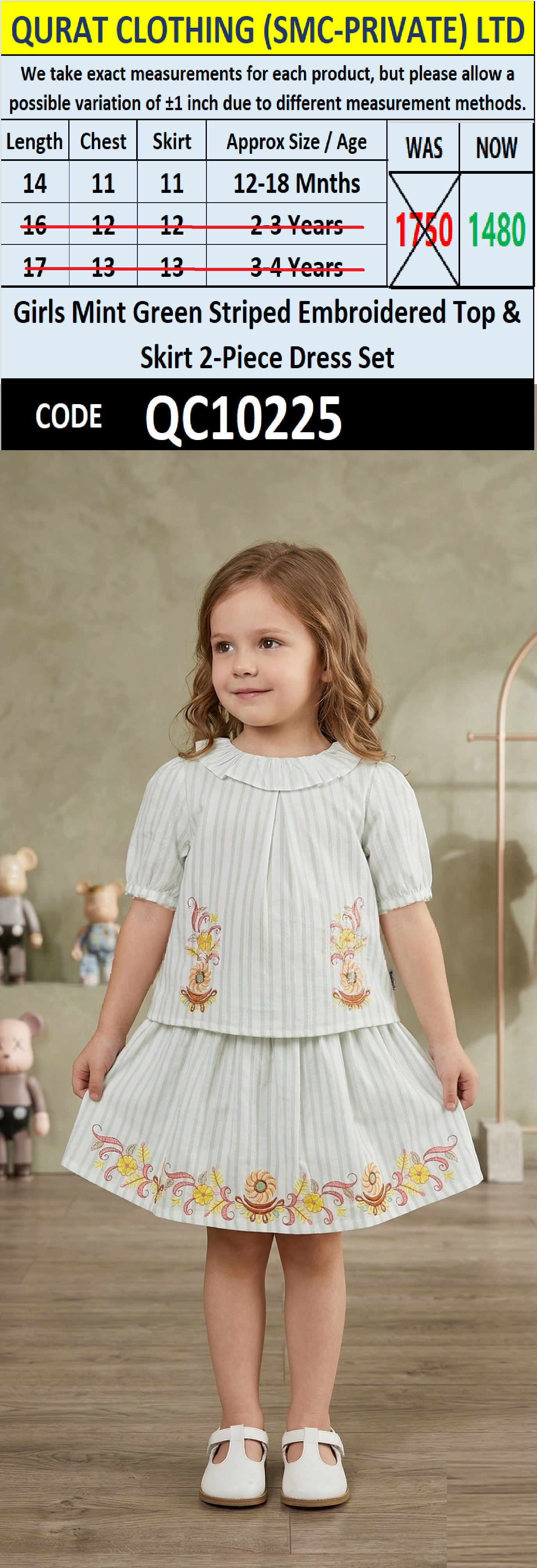 Girls Mint Green Striped Embroidered Top & Skirt 2-Piece Dress Set – QC10225 - QC10225