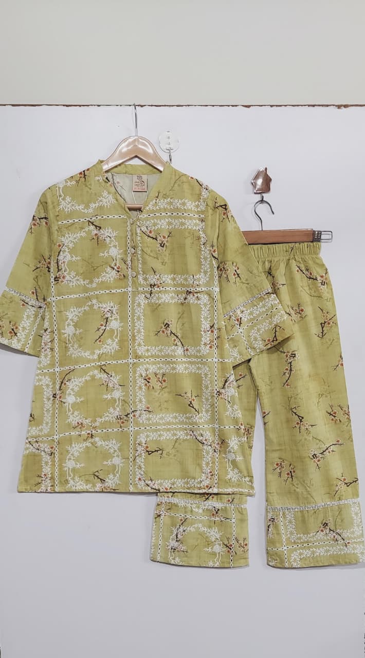 Olive Green Floral Printed & Embroidered Lawn Cotton Girls 2 Piece Suit – Elegant Outfit QC10125 - QC10125