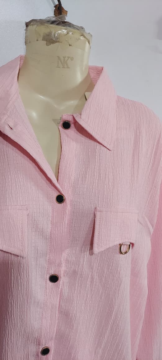 Light Pink China Crush Textured Button-Down Long Shirt – Elegant Relaxed Fit Formal Tunic QC6097 - QC6097