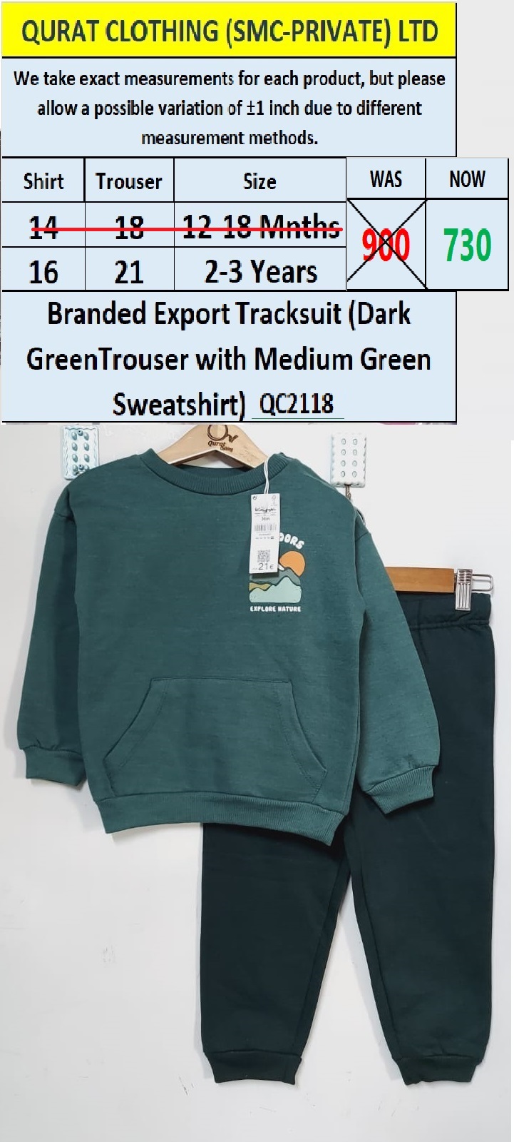 Branded Export Tracksuit (Dark Green Trouser and Medium Green Sweatshirt) QC2118 - QC2118