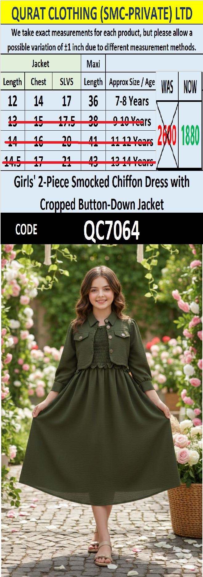 Girls Olive Green Smocked Chiffon Maxi Dress with Cropped Button-Down Jacket – 2 Piece Formal Set QC7064 - QC7064