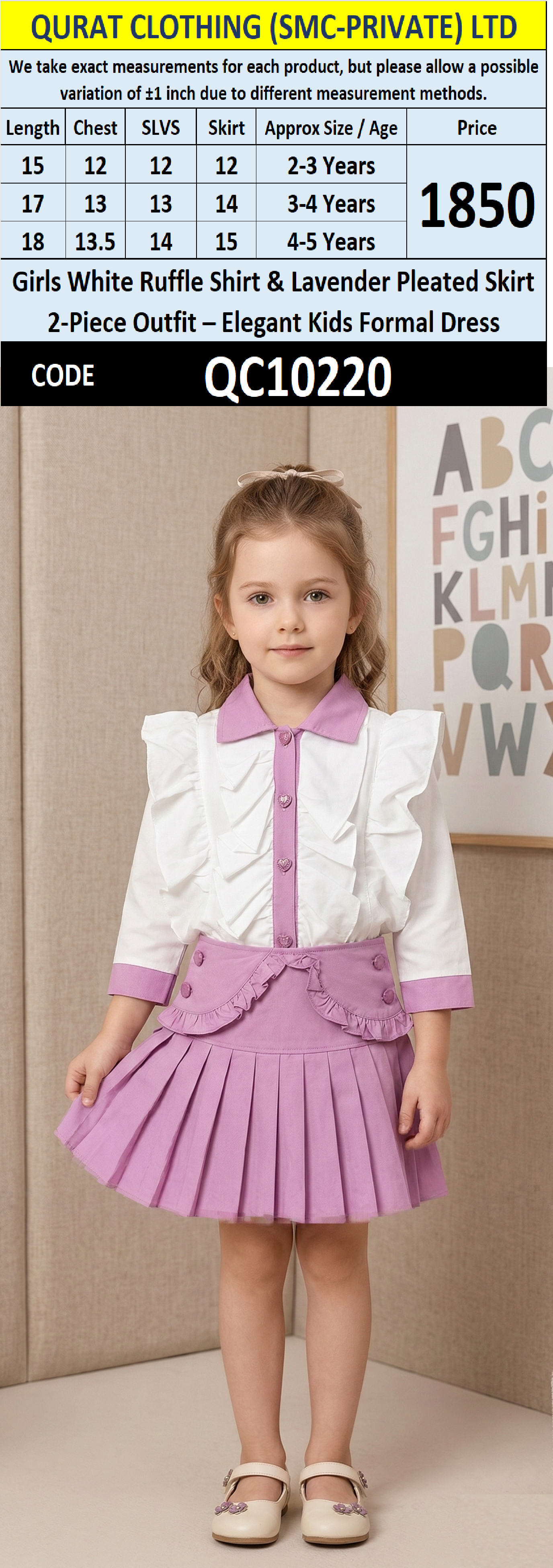 Girls White Ruffle Shirt & Lavender Pleated Skirt 2-Piece Outfit – Elegant Kids Formal Dress – QC10220 - QC10220