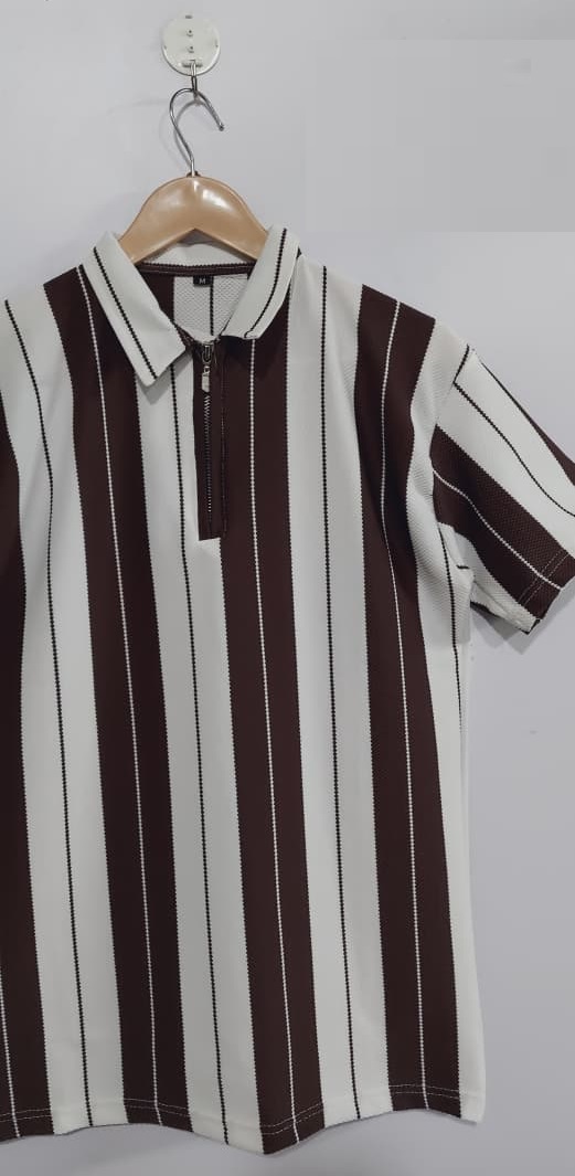 Old Money Brown Stripe Stripe Polo T-Shirt – Premium Zipper Collar Fashion QC8042 - QC8042