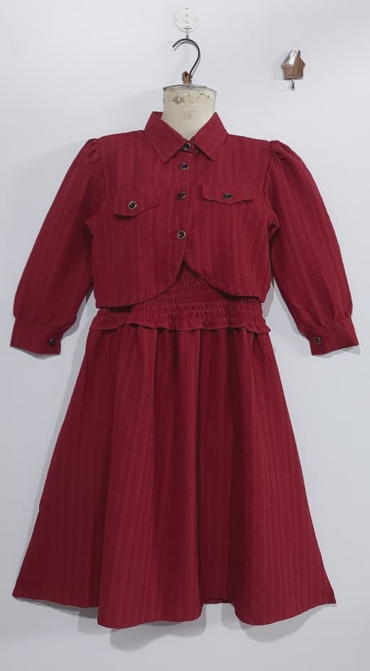 Maroon Georgette Two Piece Dress Set with Smocked Bodice & Cropped Button Jacket – QC6032 - QC6032