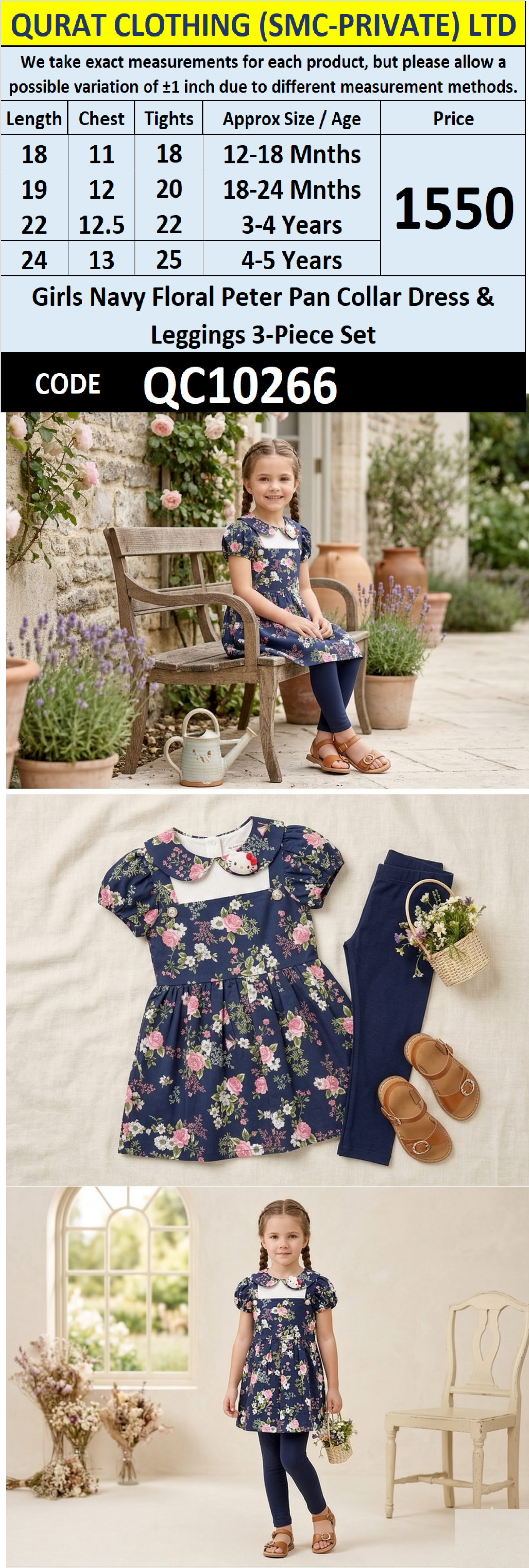 Girls Navy Floral Peter Pan Collar Dress & Leggings 3-Piece Set – QC10266 - QC10266