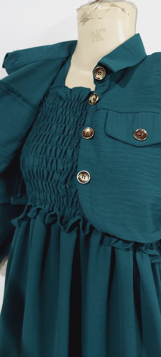 Girls Bottle Green Smocked Chiffon Maxi Dress with Cropped Button-Down Jacket – 2 Piece Formal Set QC7063 - QC7063