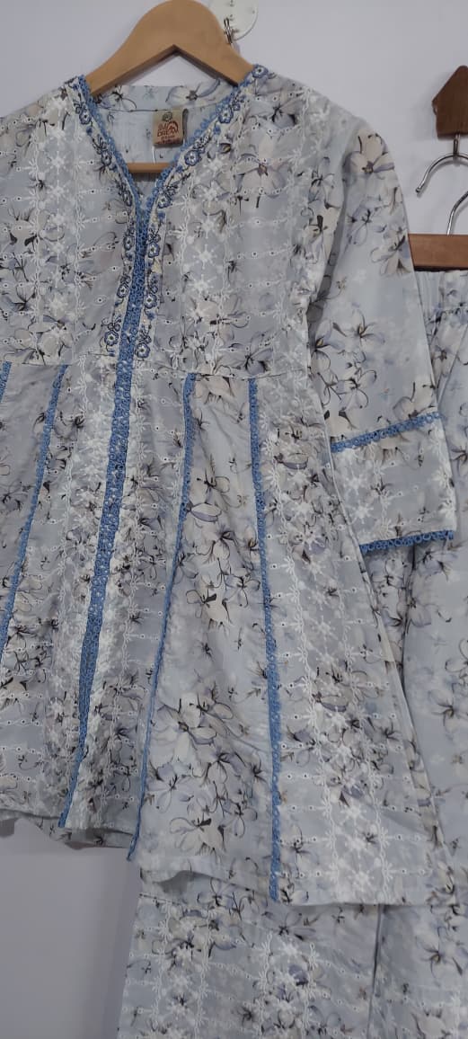 Soft Grey Floral Printed & Blue Embroidered Lawn Cotton Girls 2 Piece Suit – Elegant Collection QC10128 - QC10128