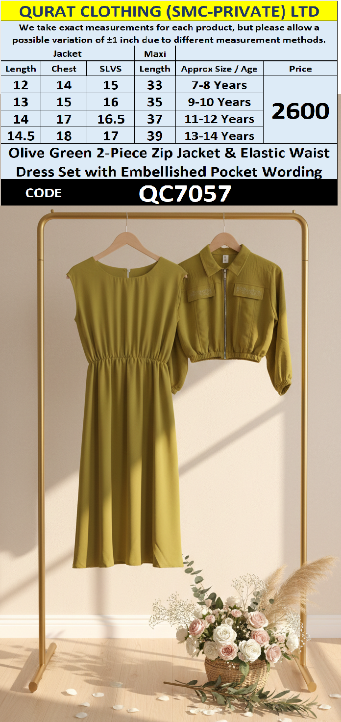Olive Green Girls 2-Piece Zip Jacket & Elastic Waist Maxi Dress Set – Embellished Pocket Detail– QC7057 - QC7057