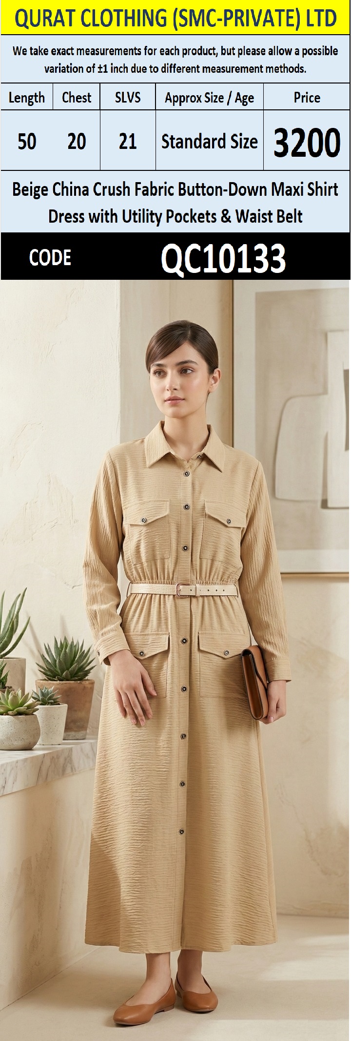 Beige China Crush Fabric Button-Down Maxi Shirt Dress with Utility Pockets & Waist Belt – QC10133 - QC10133