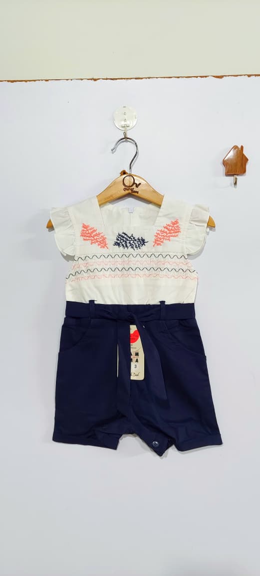 Girls Off-White & Navy Cotton Embroidered Jumpsuit – One Piece Summer Outfit QC7073 - QC7073
