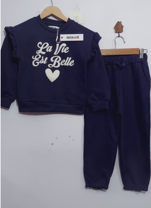 Branded Export Navy Blue La Vie Est Belle Ruffle Thick Fleece 2-Piece Tracksuit Minoti EXPORT - London QC11740 - QC11740