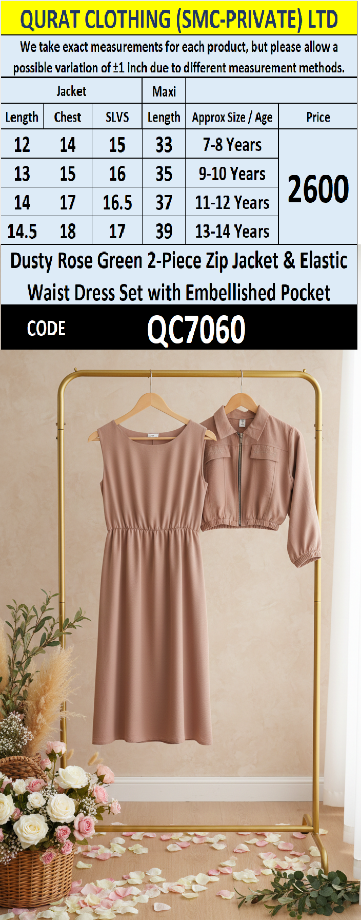 Dusty Rose 2-Piece Zip Jacket & Elastic Waist Maxi Dress Set for Girls – Embellished Pocket Detail - QC7060 - QC7060