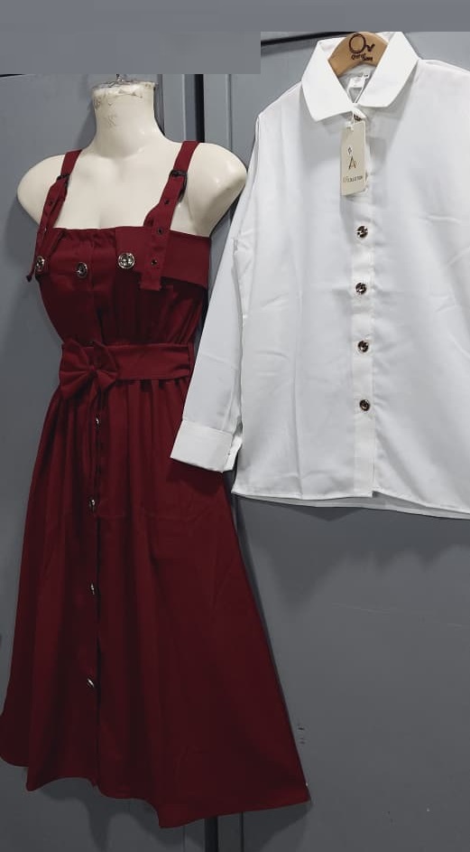 Deep Wine Pinafore Dress Two Piece Set with White Button-Down Shirt & Front Bow Detail – QC6035 - QC6035