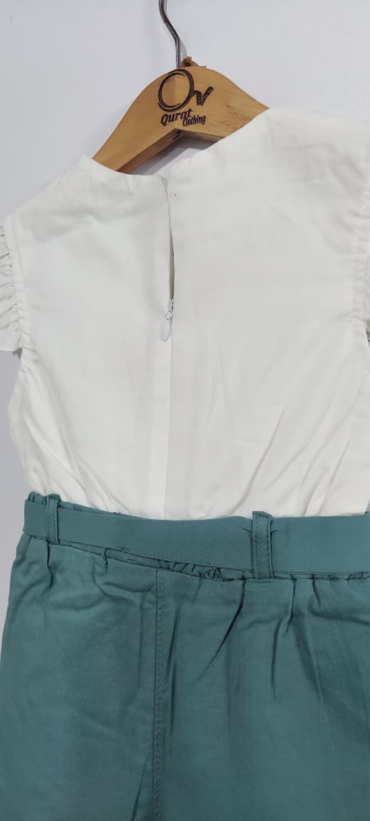 Girls Off-White & Teal Cotton Embroidered Jumpsuit – One Piece Summer Outfit QC7072 - QC7072