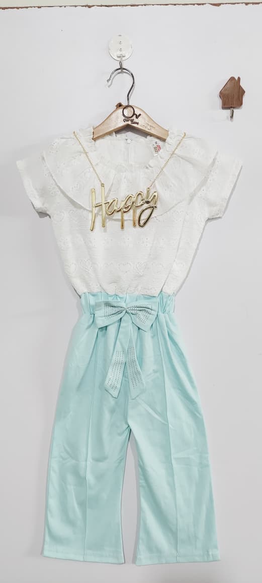 Girls White Cotton Eyelet “Happy” Ruffle Neck Mint Green Bow Belt Jumpsuit QC7075 - QC7075