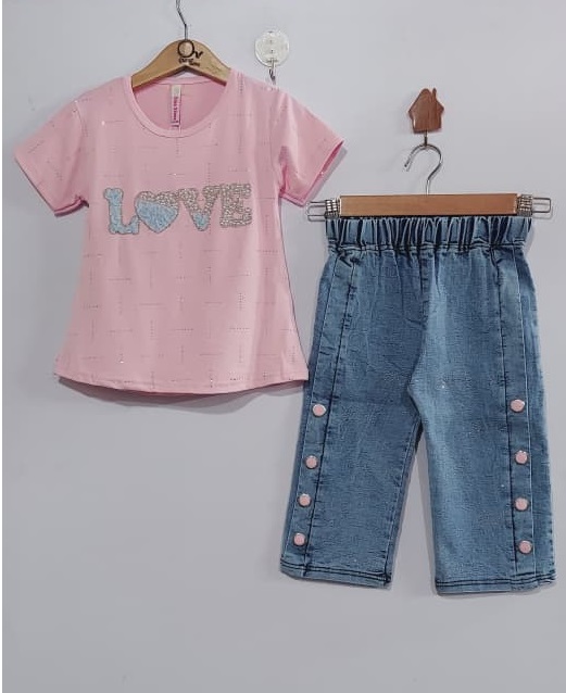 Girls Pink LOVE Graphic T-Shirt with Blue Denim Button Capri Pants Casual Outfit Set -  QC10269 - QC10269