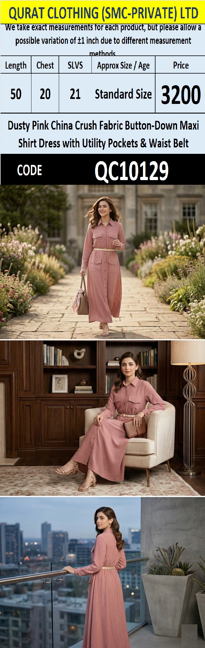 Dusty Pink China Crush Fabric Button-Down Maxi Shirt Dress with Utility Pockets & Waist Belt – QC10129 - QC10129