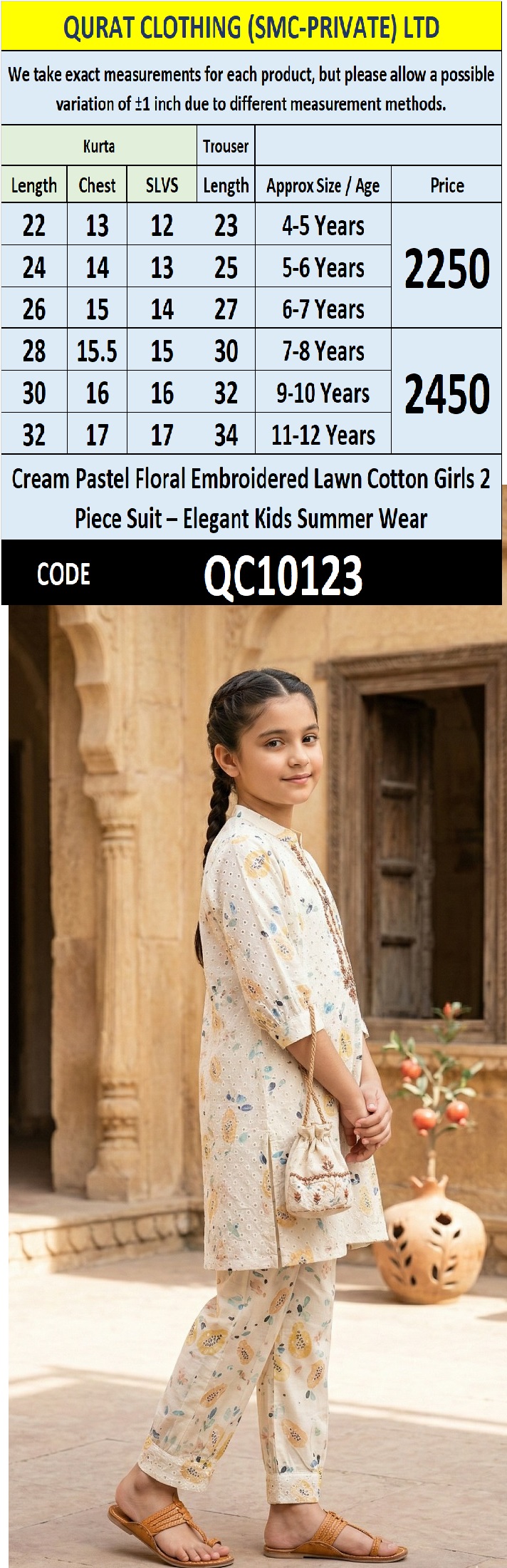 Cream Pastel Floral Embroidered Lawn Cotton Girls 2 Piece Suit – Elegant Kids Summer Wear QC10123 - QC10123