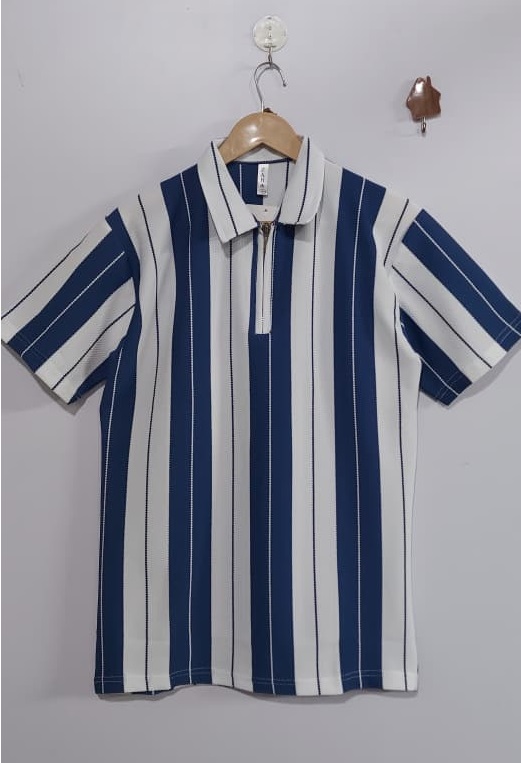 Old Money Blue Stripe Stripe Polo T-Shirt – Premium Zipper Collar Fashion QC8041 - QC8041