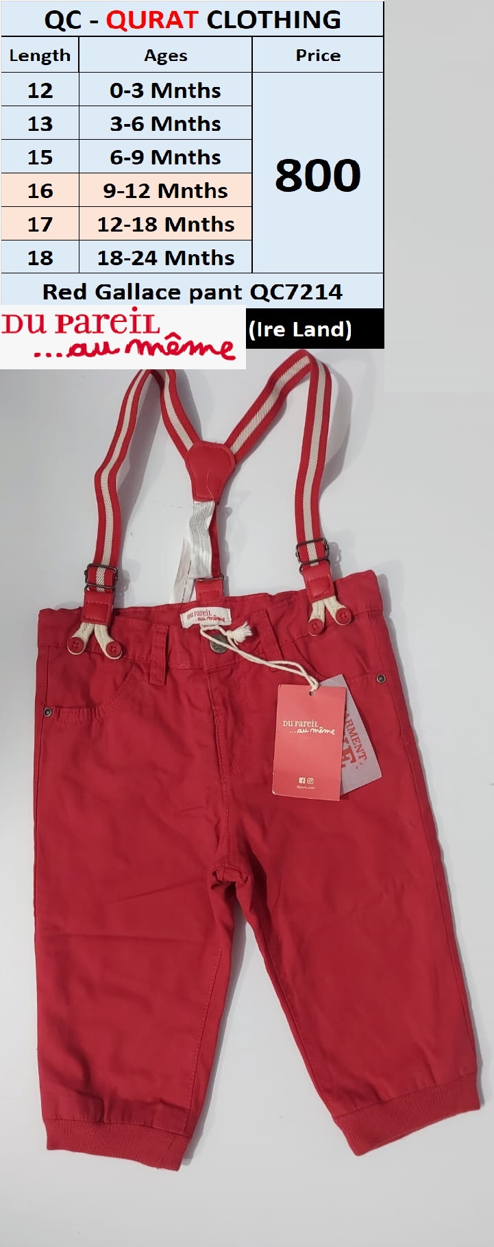 Red Gallace Pant QC7214 Brand Du Pareil Au Meme (Export Ireland) - -