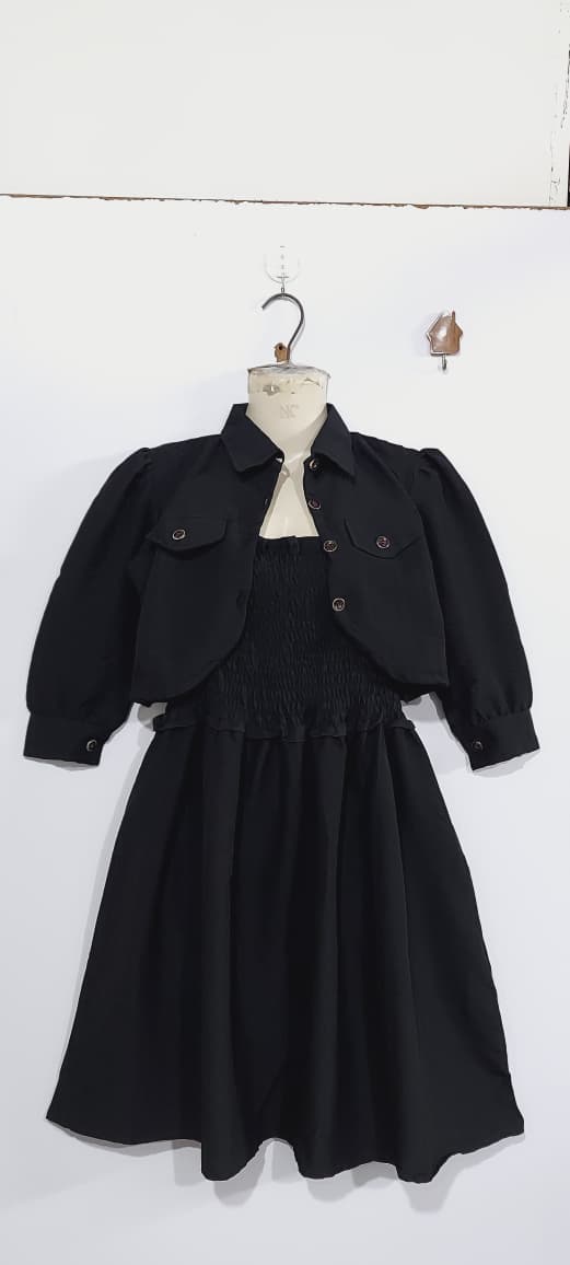 Girls Classic Black Smocked Chiffon Maxi Dress with Cropped Button-Down Jacket – 2 Piece Formal Set QC7066 - QC7066