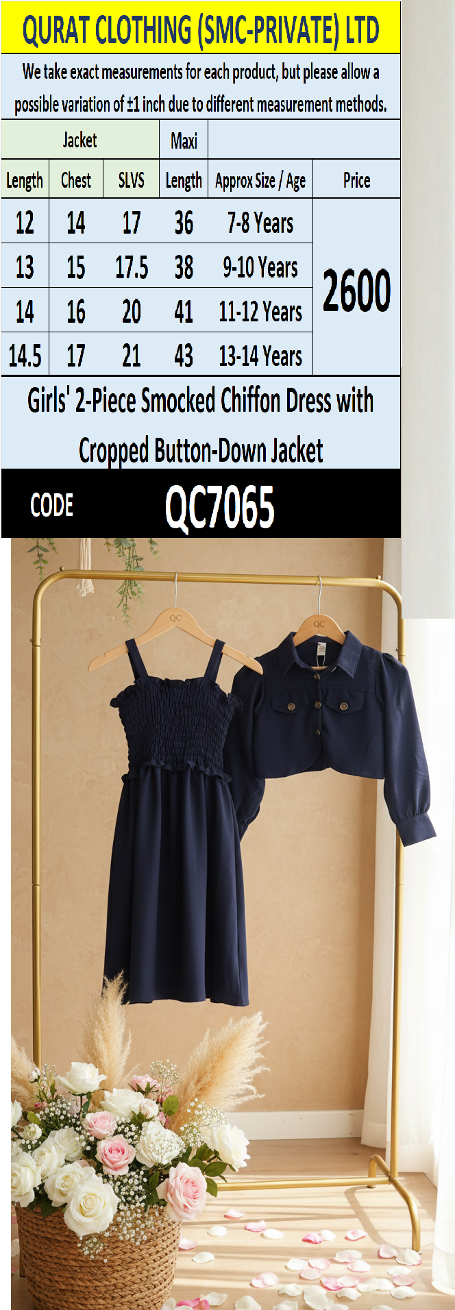 Girls Navy Blue Smocked Chiffon Maxi Dress with Cropped Button-Down Jacket – 2 Piece Formal Set QC7065 - QC7065
