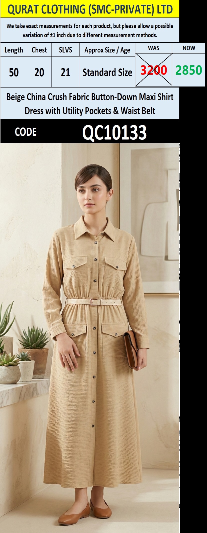 Beige China Crush Fabric Button-Down Maxi Shirt Dress with Utility Pockets & Waist Belt – QC10133 - QC10133