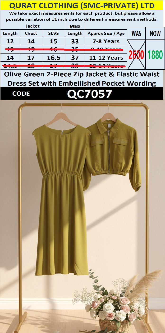 Olive Green Girls 2-Piece Zip Jacket & Elastic Waist Maxi Dress Set – Embellished Pocket Detail– QC7057 - QC7057