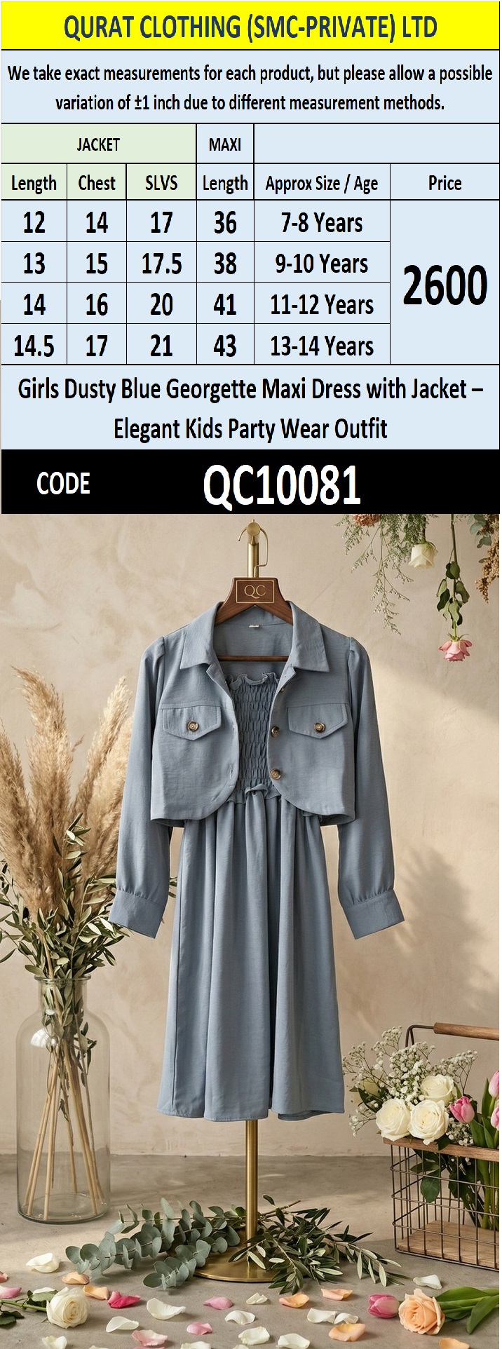 Girls Dusty Blue Georgette Maxi Dress with Jacket – Elegant Kids Party Wear Outfit QC10081 - QC10081