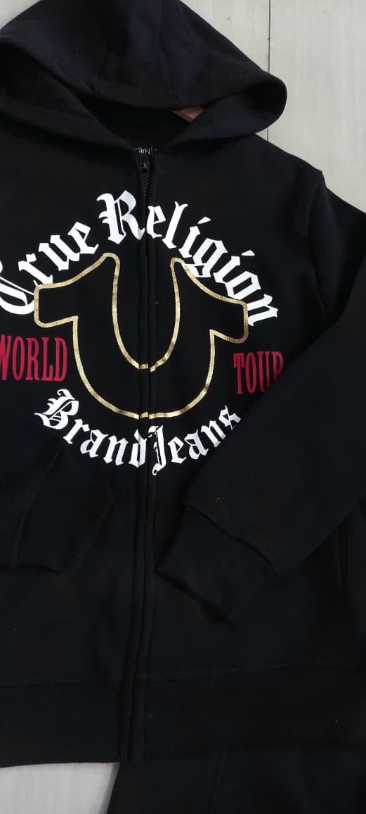 Black True Religion World Tour Brand Jeans Graphic Zip-Up Hoodie & Cargo Jogger FLEECE Tracksuit – Export USA QC11602 - QC11602