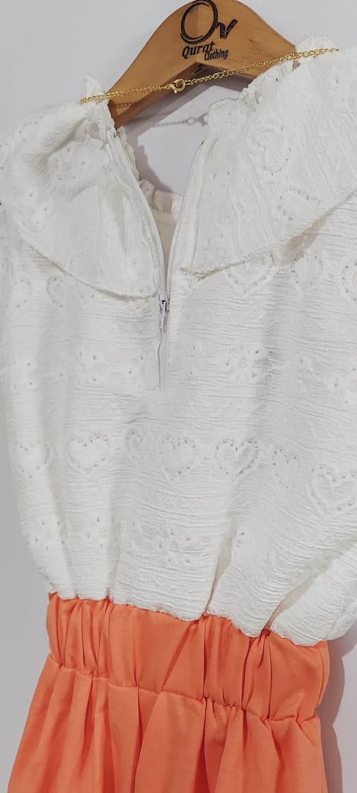 Girls White Cotton Eyelet “Happy” Ruffle Neck Peach Bow Belt Jumpsuit QC7076 - QC7076