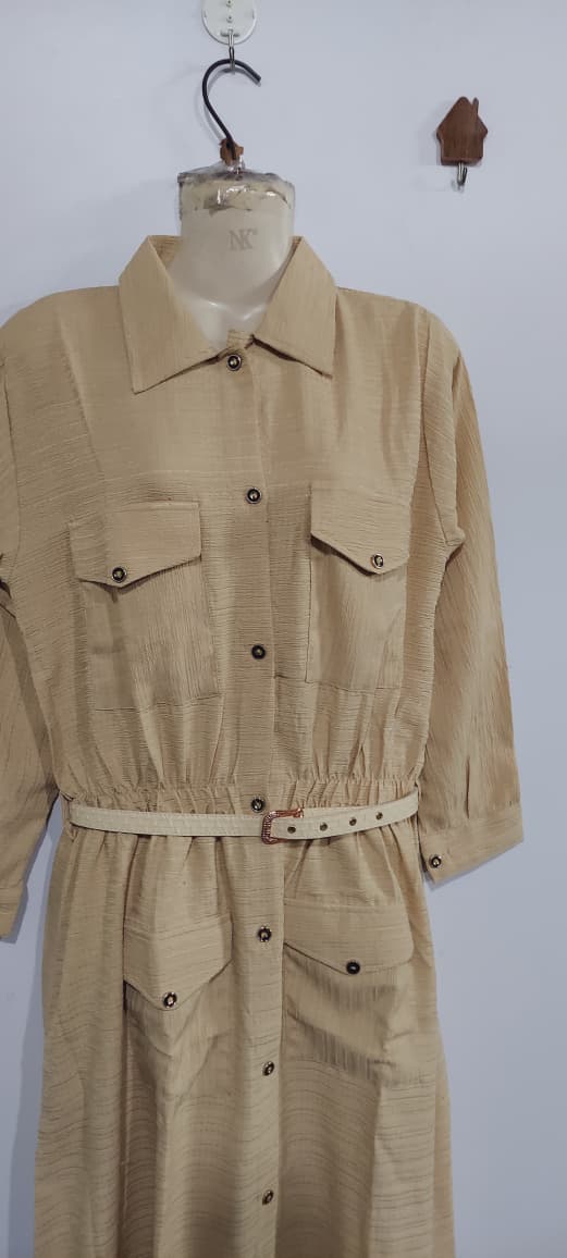 Beige China Crush Fabric Button-Down Maxi Shirt Dress with Utility Pockets & Waist Belt – QC10133 - QC10133