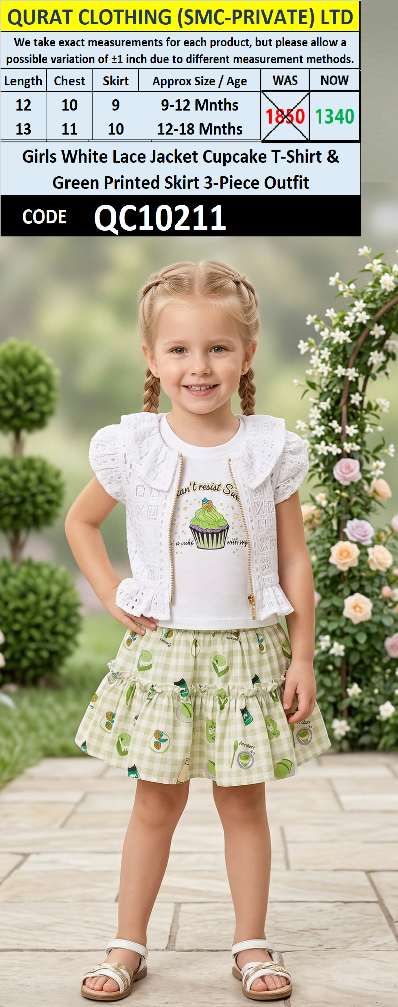 Girls White Lace Jacket Cupcake T-Shirt & Green Printed Skirt 3-Piece Outfit – QC10211 - QC10211