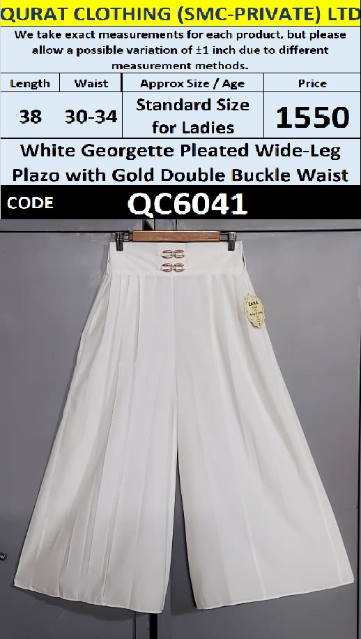 White Georgette Pleated Wide-Leg Plazo with Gold Double Buckle Waist – QC6041 - QC6041