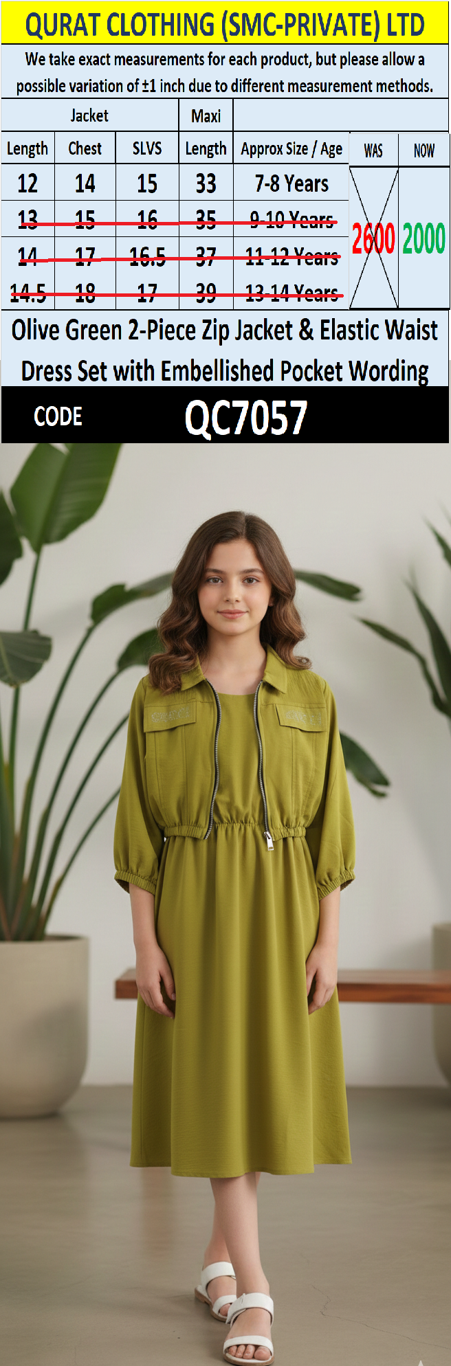 Olive Green Girls 2-Piece Zip Jacket & Elastic Waist Maxi Dress Set – Embellished Pocket Detail– QC7057 - QC7057