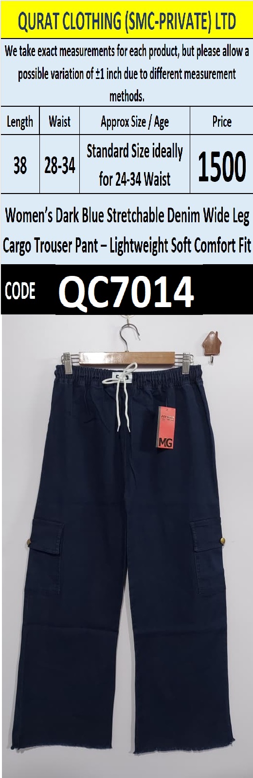Women’s Dark Blue Stretchable Denim Wide Leg Cargo Trouser – Lightweight Soft Comfort Fit QC7014 - QC7014