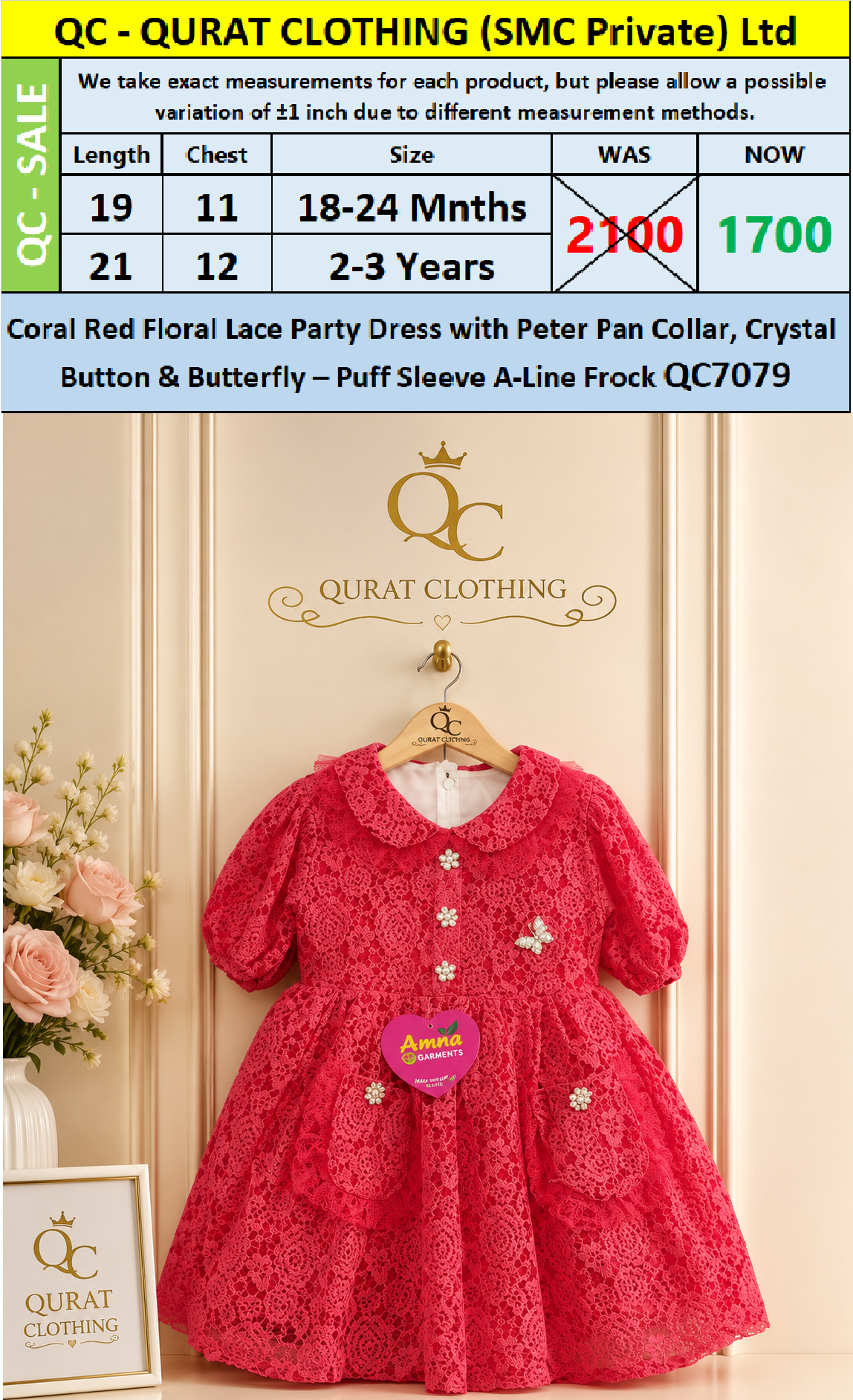 Coral Red Floral Lace Party Dress with Peter Pan Collar, Crystal Button & Butterfly – Puff Sleeve A-Line Frock QC7079 - QC7079