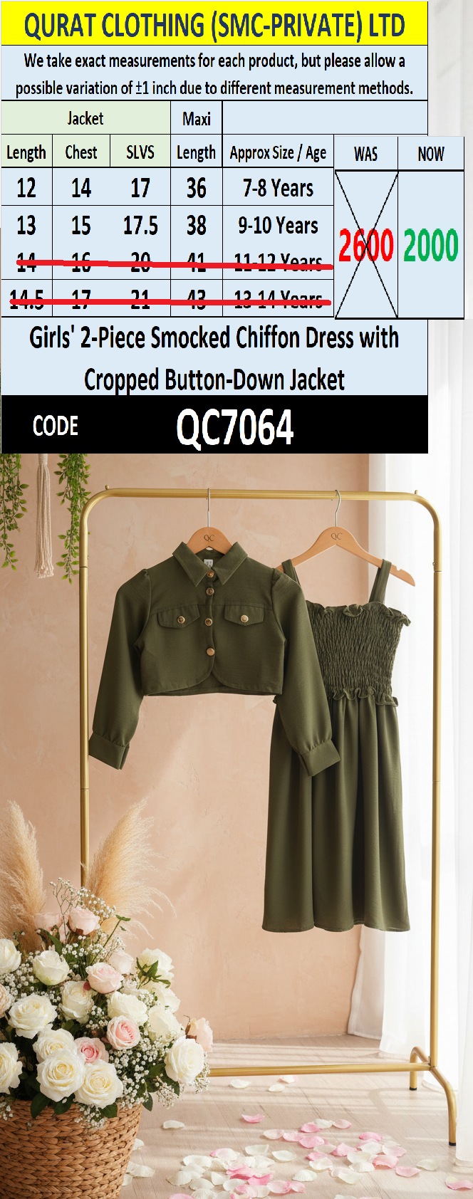 Girls Olive Green Smocked Chiffon Maxi Dress with Cropped Button-Down Jacket – 2 Piece Formal Set QC7064 - QC7064