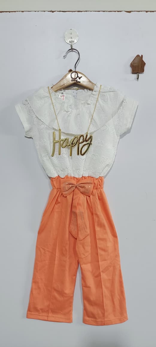 Girls White Cotton Eyelet “Happy” Ruffle Neck Peach Bow Belt Jumpsuit QC7076 - QC7076