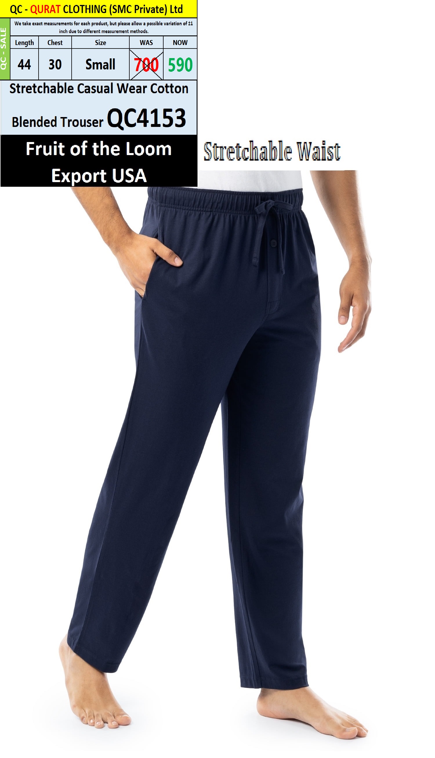 Blue Fruit of Loom Brand Casual Wear Cotton Blended Trousers QC4153 Export USA - QC4153