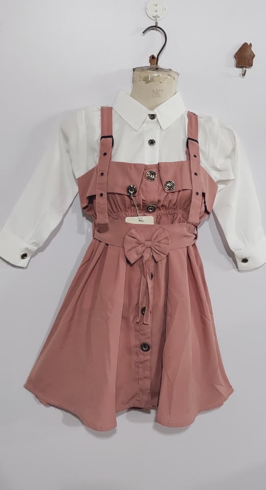 Dusty Rose Pinafore Dress Two Piece Set with White Button-Down Shirt & Bow Detail – QC6033 - QC6033