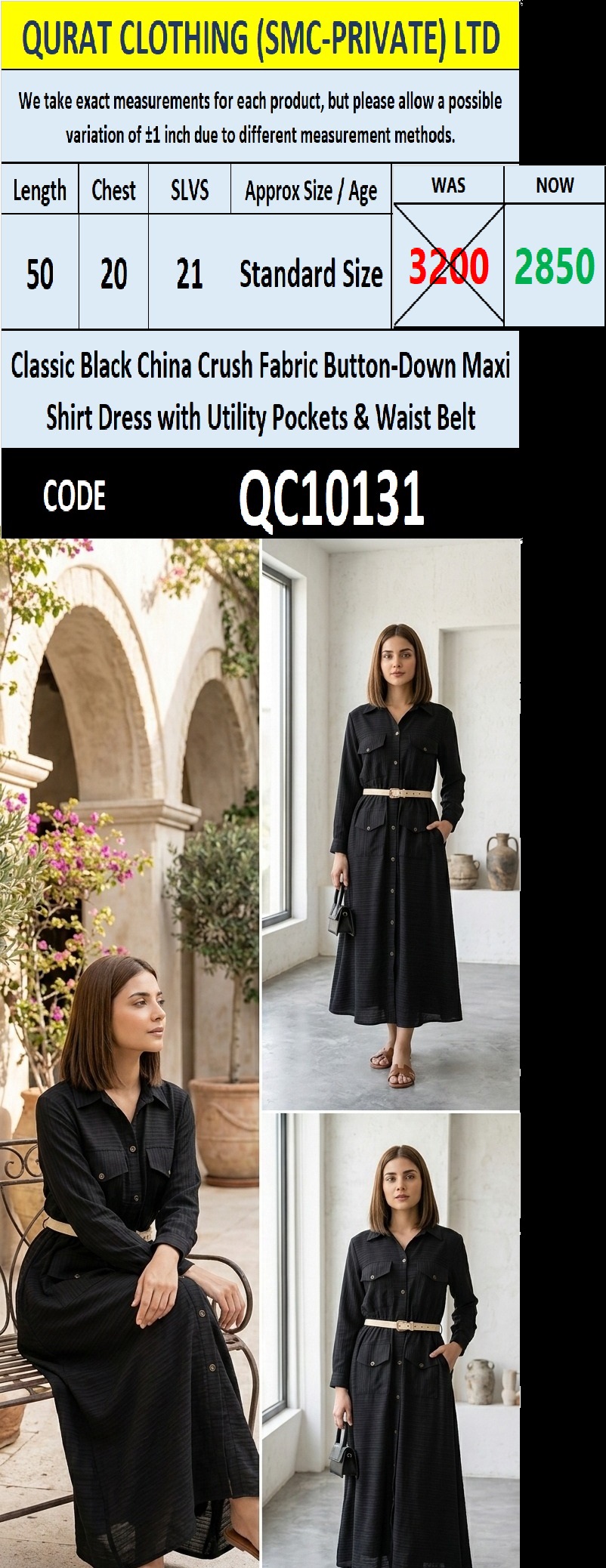 Classic Black China Crush Fabric Button-Down Maxi Shirt Dress with Utility Pockets & Waist Belt – QC10131 - QC10131