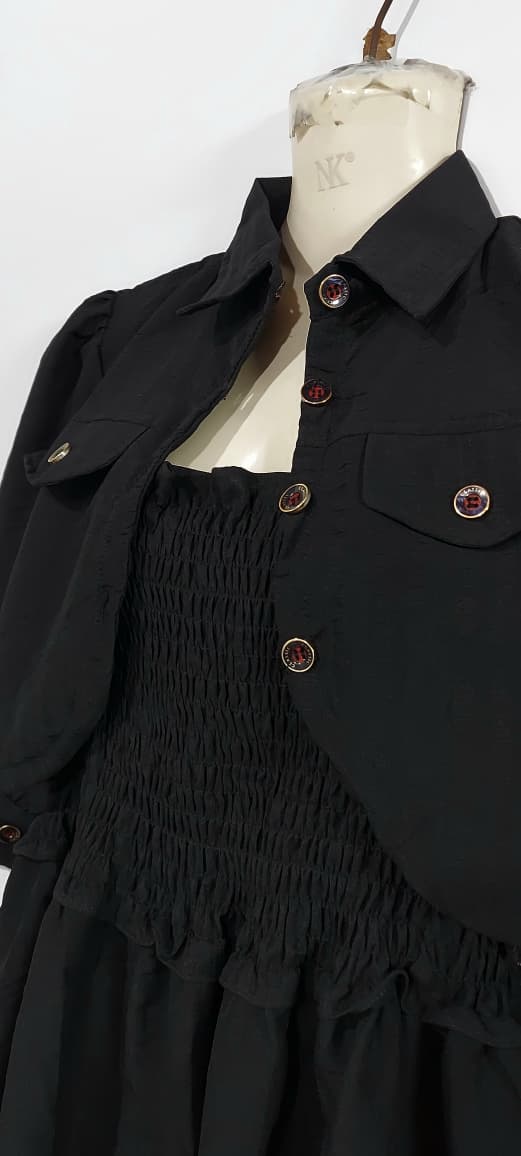 Girls Classic Black Smocked Chiffon Maxi Dress with Cropped Button-Down Jacket – 2 Piece Formal Set QC7066 - QC7066