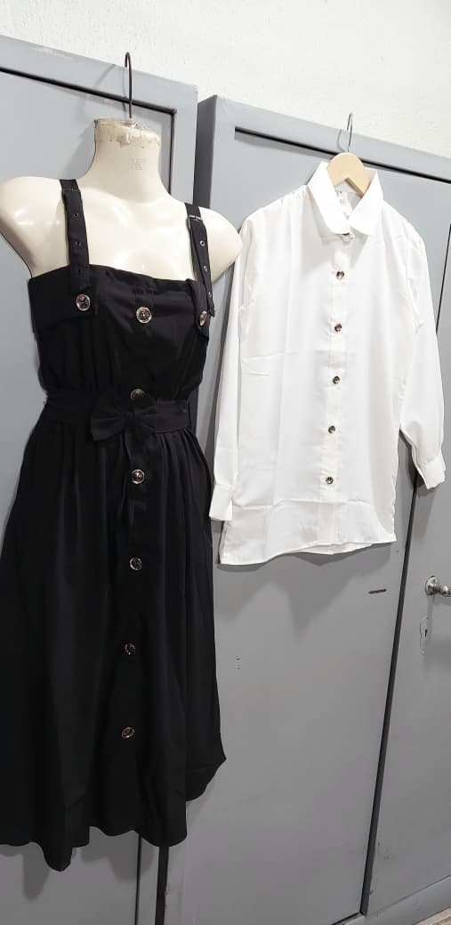 Classic Black Pinafore Midi Dress with White Button-Down Shirt Gold Button Detail – 2-Piece Modest Outfit – QC7068 - QC7068
