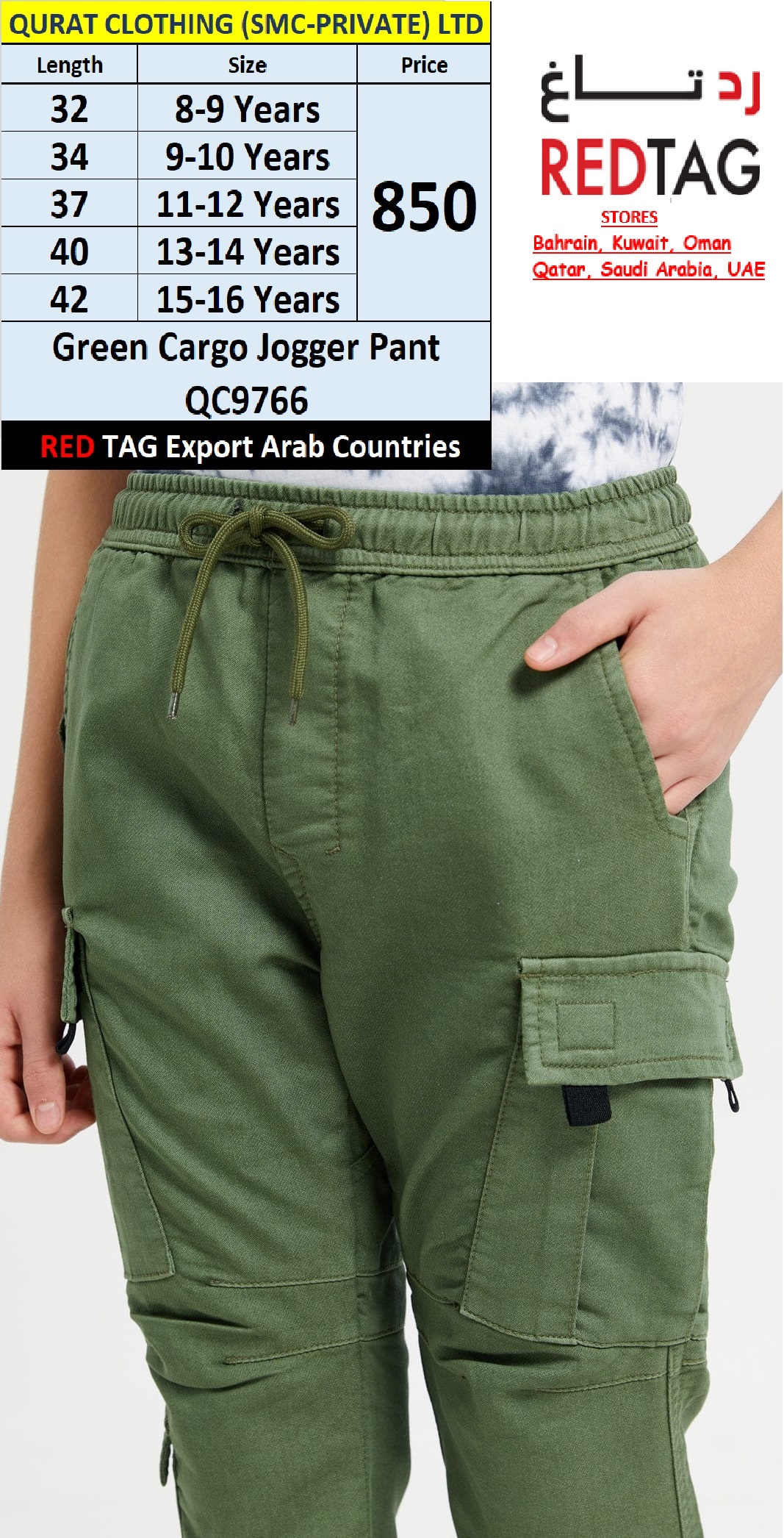 RED TAG Brand Green Cargo Jogger Pant QC9766 Export Arab Countries - QC9766