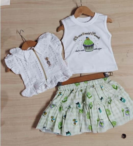 Girls White Lace Jacket Cupcake T-Shirt & Green Printed Skirt 3-Piece Outfit – QC10211 - QC10211